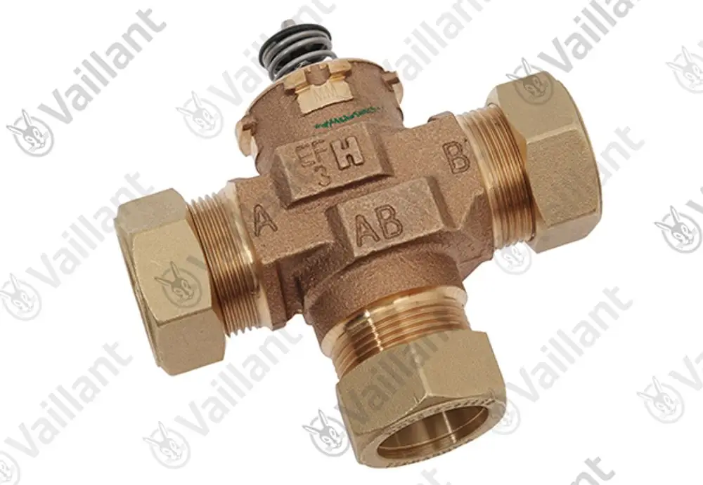Vaillant Ventil mit mehreren Anschlussmöglichkeiten. Das Produkt zeigt eine kubische Form mit verschiedenen Anschlussgewinden für hydraulische Anwendungen.